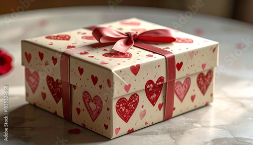 Heart Patterned Gift Box with Pink Ribbon on Marble Surface in Romantic Soft Lighting