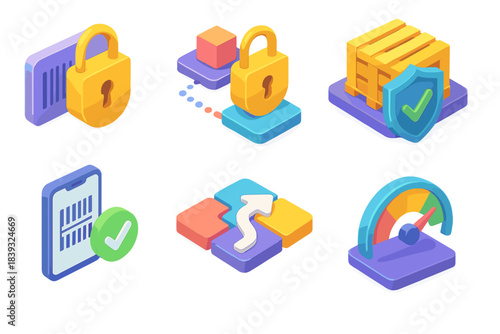 Colorful Security Icons. Protected Logistics Flow flat isometric set: secured barcode token, encrypted transit path, shielded pallet symbol, verified scan icon, routing tile,