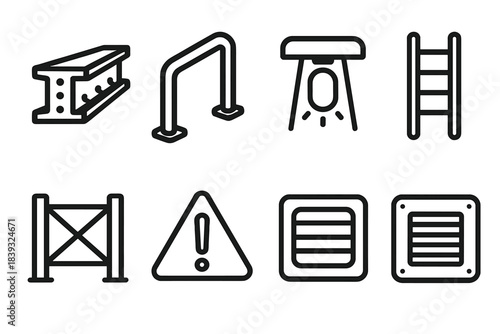 Safety Elements Icons. Structural safety elements linear set: reinforced beam, handrail grip, emergency light, escape ladder, safety gate, exit marker, hazard sign, ventilation