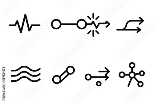 Data Transmission Icons. AI Signal Transmission linear set: data pulse line, node-to-node link, signal arrow, activation spark, channel pathway, info stream ribbon, weighted
