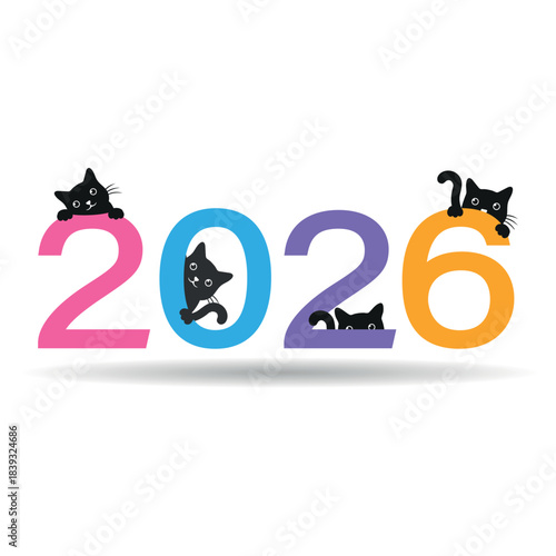 Illustration of New Year's colorful text with cute black cats on a white background
