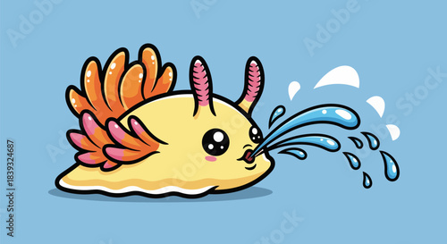 Cute cartoon yellow sea slug blowing water bubbles.