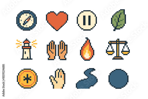 Values-Based Icons. Values-Based Living pixel style set: integrity compass, kindness heart, mindful pause icon, gratitude leaf, honesty beacon, empathy hands, courage flame,