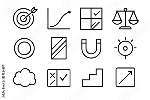 Fault Dynamics Icons. Decision Fault Dynamics linear set: bias trigger point, heuristic drift curve, misread cue tile, faulty comparison scale, expectation distortion ring,