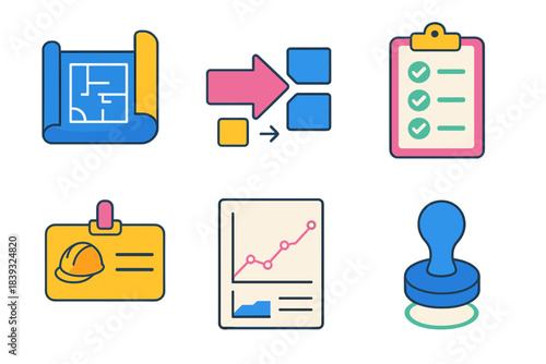 Isometric Worksite Icons. Worksite Process Set isometric flat set: project blueprint, step sequence arrow, safety checklist, equipment allocation card, load chart, approval stamp.