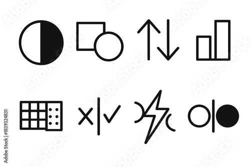 Contrast and Duality Icons. General Difference linear set: split circle, contrasting shapes, dual arrows, comparison bar, varied patterns, opposite markers, contrast spark,