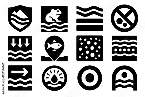 Brutalist Water Protection Icons. Water Ecosystem Protection silhouette set: watershed guard tile, habitat refuge node, flow-quality bar, pollutant barrier ring, runoff-reduction
