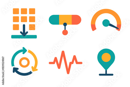 Stress Dynamics Icons. Stress accumulation dynamics flat set: tension build tile, pressure gauge bar, strain node, overload arc, resilience meter, feedback loop, stress pulse,