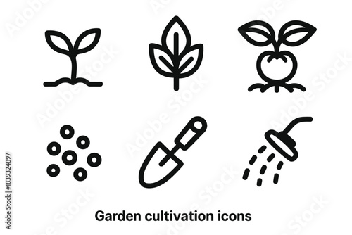 Garden Cultivation Icons. Garden Cultivation Icons linear set: sprout line, herb leaf, veggie plant, nutrient granules, hand trowel, watering spout.