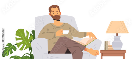 Portrait of man reading book in armchair isolated background. Concept of favorite activity or hobby vector illustration