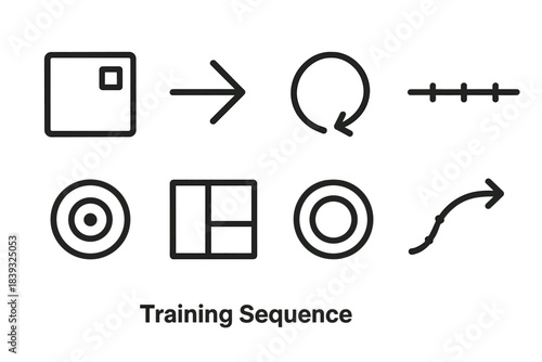 Black Line Icons. Training Sequence linear set: step tile, directional beam, practice loop, timeline band, focus dot, structured panel, progress ring, guided curve.