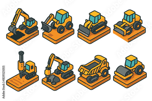 Construction Equipment Icons. Earthmoving Operation Elements isometric flat set: trench dig stroke, loader scoop lift, dozer grading line, drill bore action, rock breaker impact,