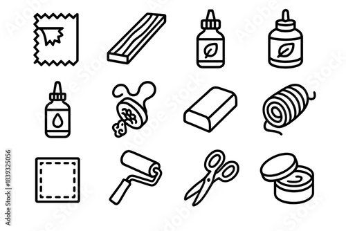 Craft Tools Icons. Renewal & Upcycling Themes linear set: scrap fabric, wooden plank, metal file, eco glue, dye bottle, decorative stamp, sanding block, twine roll, patch square,