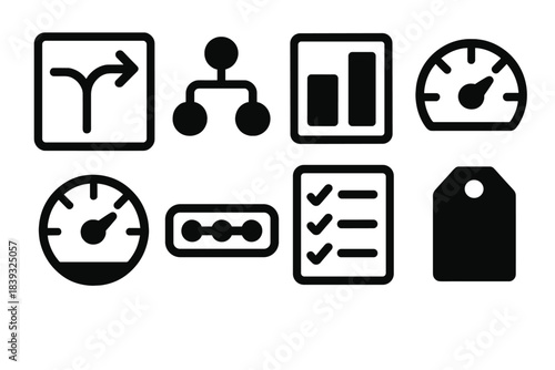 Brutalist Decision Icons. Decision analysis frameworks silhouette set: choice path tile, option node, comparison bar, evaluation arc, criteria gauge, weight strip, decision tracker