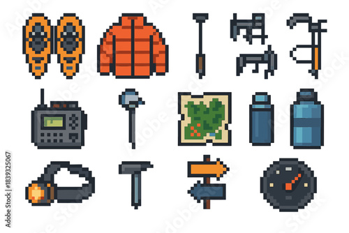 Snowfield Icons Set. Snowfield Exploration Kit pixel style set: snowshoes, thermal jacket, frozen-ground probe, climbing spikes, winter radio, insulated tent peg, terrain map,