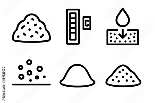 Sustainable Soil Care Icons. Sustainable Soil Care linear set: compost mound, soil pH strip, rainwater droplet, infiltration arrow, nutrient granules, earth mound.