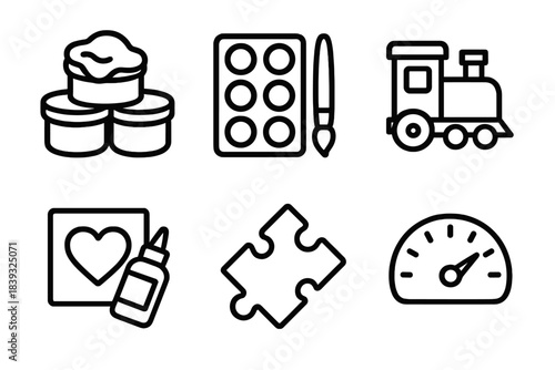 Creative Play Icons. Creative Play Essentials linear set: modeling clay, paint set, toy train, craft kit, puzzle tile, imagination meter.