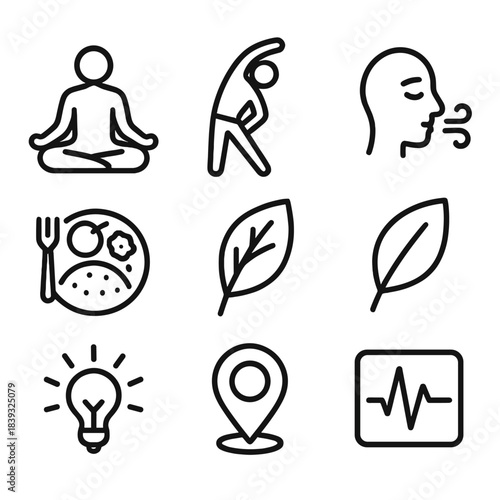 Wellness Icon Set. Wellness Routine linear set: meditation pose, stretch figure, calm breath icon, wellness leaf, balanced meal, soft light, rest marker, steady pulse.