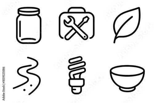 Sustainable Living Icons. Sustainable daily living linear set: reusable jar, repair kit, eco leaf, walk path, energy saver icon, simple bowl.