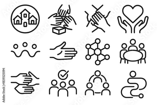 Community Collaboration Icons. Community Collaboration Icons linear set: neighborhood circle, shared resources box, group support hands, collaborative heart, unity wave, outreach
