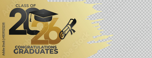 Gold and Gray Modern Class of 2026 Graduation Banner with Cap and Diploma Icons