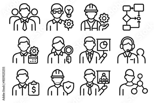 Workplace Role Icons. Workplace Role Distribution linear set: team manager, technical expert, operations handler, process improver, scheduling lead, research assistant,