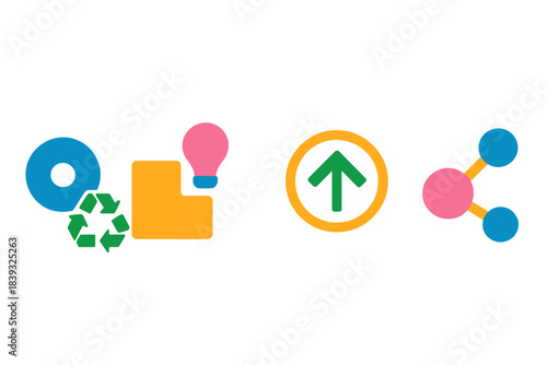 Upcycling Icons Collection. Upcycling Innovation Models flat set: material-reuse bead, creative-repurpose tile, value-add node.