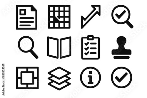 Icons of Accountability. Accountability & Transparency silhouette set: report sheet, transparency grid tile, clarity arrow, magnifier ring, open binder, audit checklist, framework