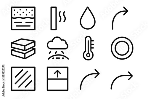 Phase Transition Icons. Phase Transition Dynamics linear set: melting curve tile, boiling threshold bar, condensation bead dot, evaporation path arrow, solidification plate,