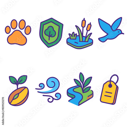Isometric Biodiversity Icons. Biodiversity protection set isometric flat set: endangered species paw, habitat shield, wetland icon, migratory bird, genetic diversity seed, clean