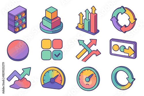 Isometric Decision Environment Icons. Decision Fatigue Environments flat isometric set: packed-shelf tile, product-node, choice-bar, decision-ring, fatigue cue dot, selection patch