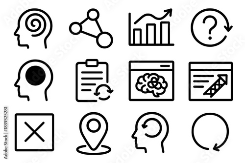 Cognitive Pattern Icons. Cognitive Overload Tendencies linear set: mental-loop tile, detail-focus node, overanalysis bar, hesitation ring, strain dot, repeated-review patch,