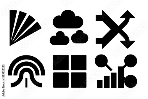 Futuristic Icon Set. Alternative Future Modes Set silhouette set: branching-spectrum fan, option cloud cluster, divergent pathway arrow, possible-worlds node, outcome expansion arc