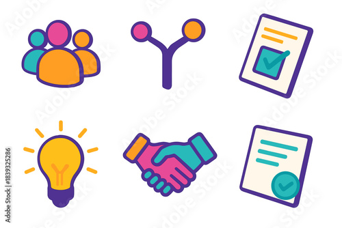 Isometric Collaboration Icons. Collaborative Choices Set isometric flat set: group silhouettes, branching path, vote card, idea bulb, agreement handshake, summary sheet.