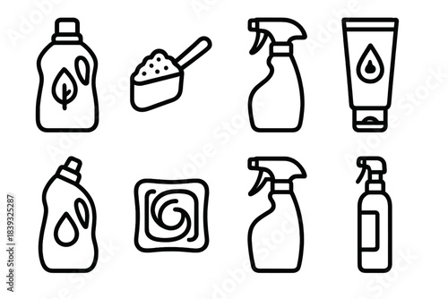 Cleaning Essentials Icons. Detergent Supply Kit linear set: scented cleaner bottle, powdered soap scoop, trigger-spray cleaner, degreasing gel tube, dish cleanser liquid, laundry