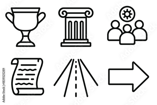 Cultural History Icons. Cultural History Scenes linear set: ritual object, classic architecture column, community gathering symbol, knowledge parchment, legacy track, era