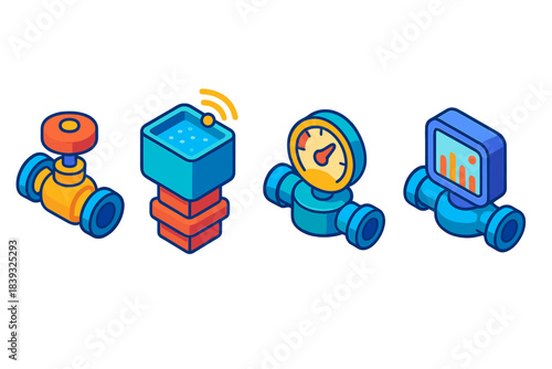 Smart Water System Icons. Adaptive Water Supply Systems flat isometric set: variable-flow valve, smart reservoir node, demand-sense meter.