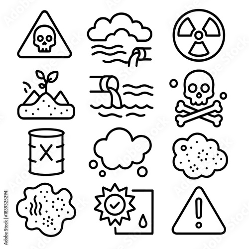Hazard Icons Environment. Hazard Environment Set linear set: chemical warning triangle, smog cloud, polluted river icon, radiation alert, soil hazard mark, waste drum, particulate
