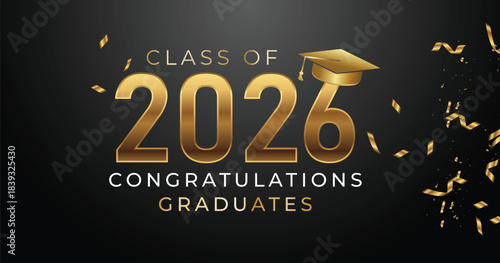 Premium Gold Class of 2026 Graduation Banner with Elegant Dual Cap Decoration