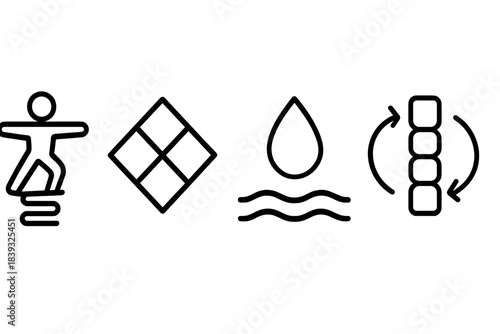 Stability Icon Set. Resilient Stability Areas linear set: flex-balance coil, change-ready tile, moderated-force droplet.