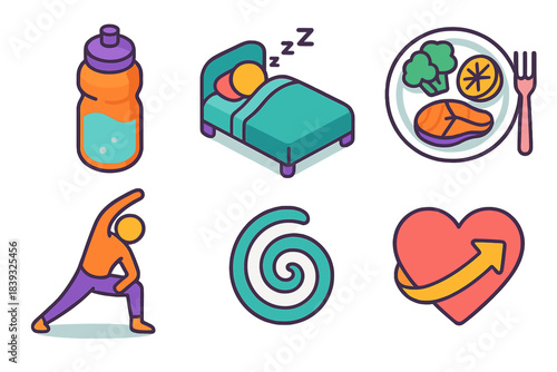 Athlete Wellness Icons. Athlete Wellness isometric flat set: hydration bottle, rest icon, balanced plate, stretching pose, calm breath swirl, recovery heart.