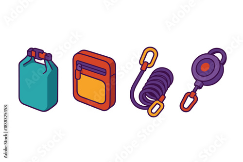 Colorful Outdoor Gear Icons. Outdoor Pack Organization flat isometric set: waterproof stash bag, quick-access pocket tile, gear tether cord.