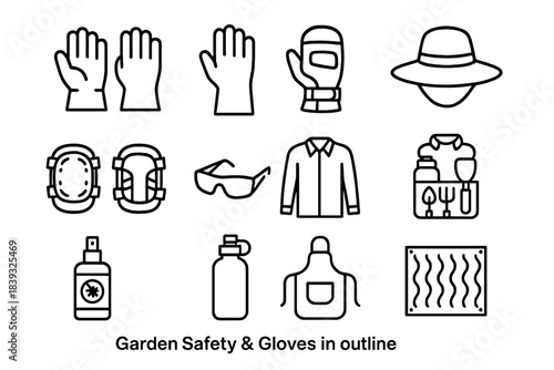 Garden Safety Icons. Garden Safety & Gloves linear set: sturdy gloves, thorn-resistant gloves, padded palm glove, sun hat, knee pads, safety glasses, long-sleeve shirt, hydration