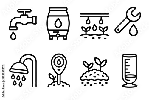 Water Conservation Icons. Water Conservation linear set: low-flow faucet, rain barrel, drip irrigation line, leak repair wrench, water-saving showerhead, soil moisture meter,