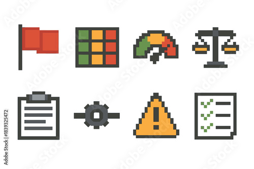 Risk Assessment Icons. Risk Assessment Set pixel style set: hazard flag, risk matrix, probability gauge, impact scale, scenario sheet, control icon, warning triangle, review