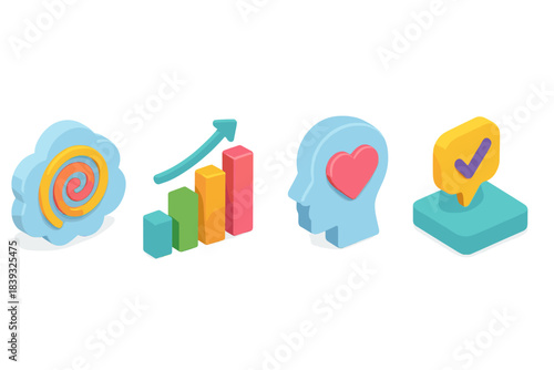 Colorful Psychological Icons. Psychological Support Frameworks flat isometric set: thought-pattern coil, resilience-metric bar, wellness-feedback tile.