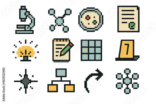Scientific Discovery Icons. Scientific Discovery Icons pixel style set: microscope lens, data nodes, specimen dish, test result sheet, discovery beam, research notes, analysis grid