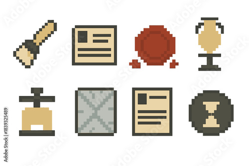 Heritage Care Icons. Heritage care elements set of icons in flat pixel vector style: soft cleaning brush, catalog card, sealing wax, artifact stand, stabilizing clamp, storage wrap