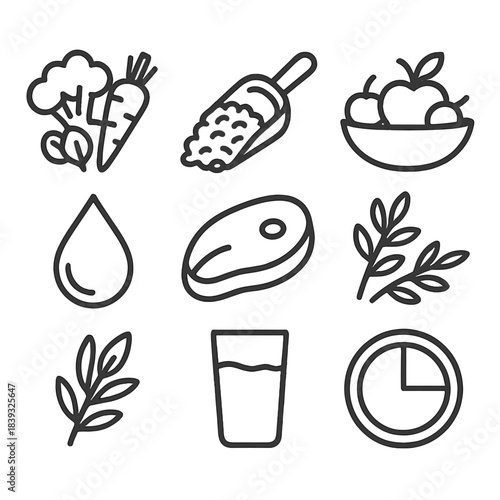 Healthy Eating Icons. Whole Food Principles linear set: veggie medley icon, whole grain scoop, lean protein slice, fruit bowl, healthy fats droplet, herbs sprig, hydration glass,