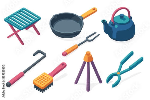 Isometric Campfire Cooking Set. Campfire Cooking Set flat isometric set: folding grill, cast-iron skillet, roasting stick, camp kettle, fire poker, grill brush, collapsible tripod,